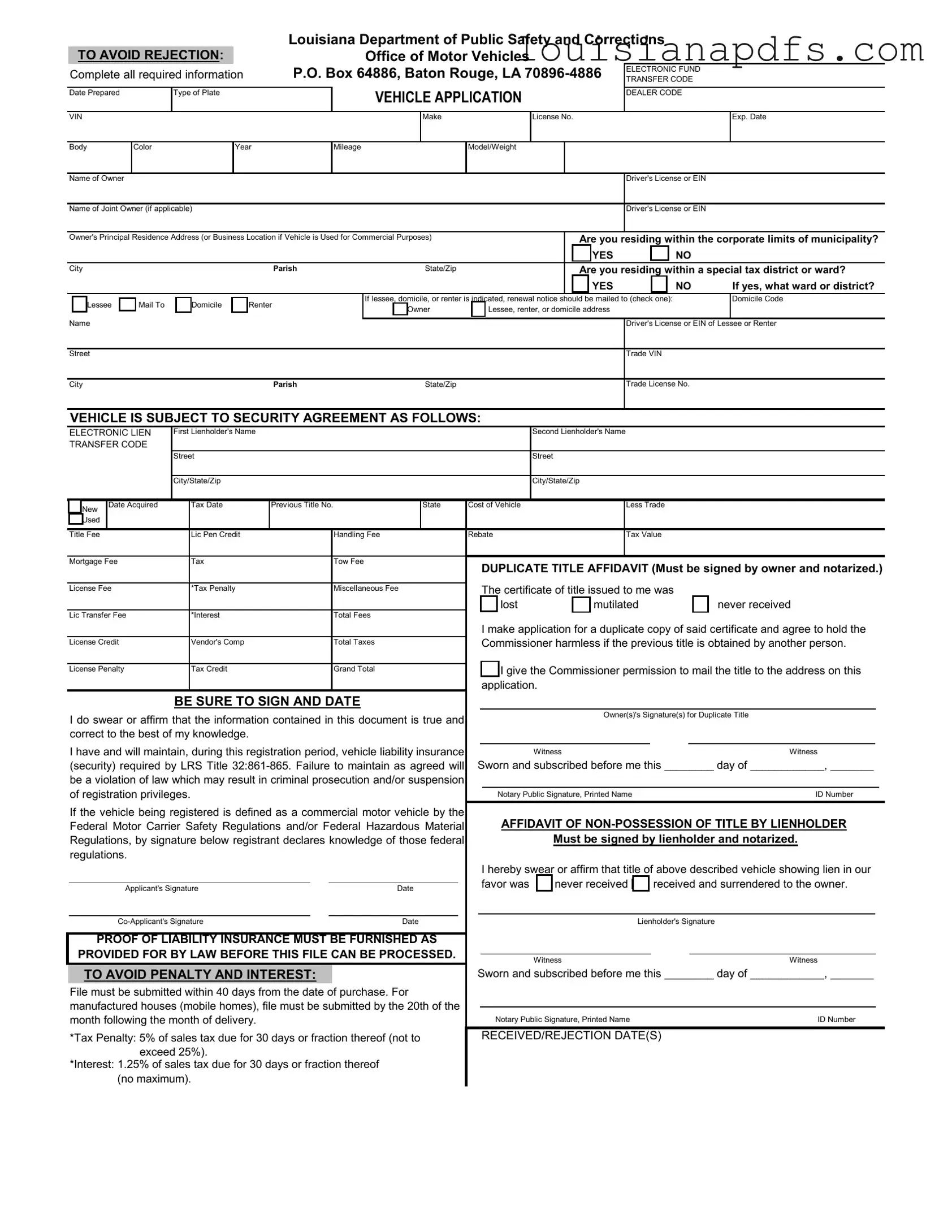 Fillable Louisiana Vehicle Application Template