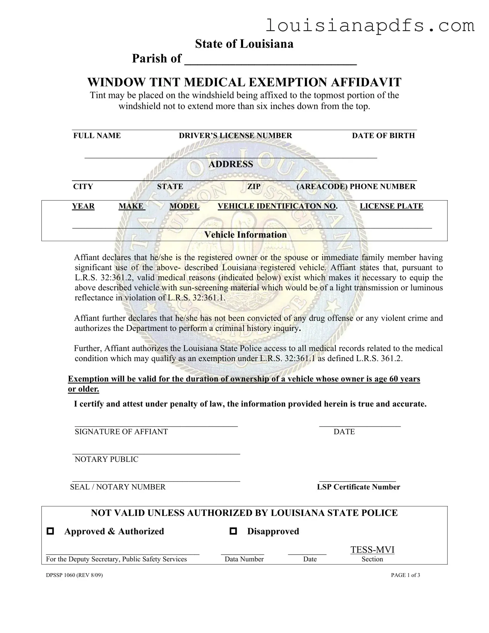 Fillable Louisiana Window Tint Exemption Sticker Template