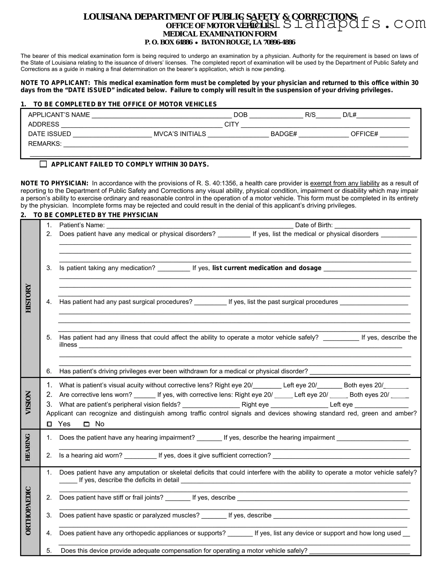 Fillable Medical Examination Louisiana Template
