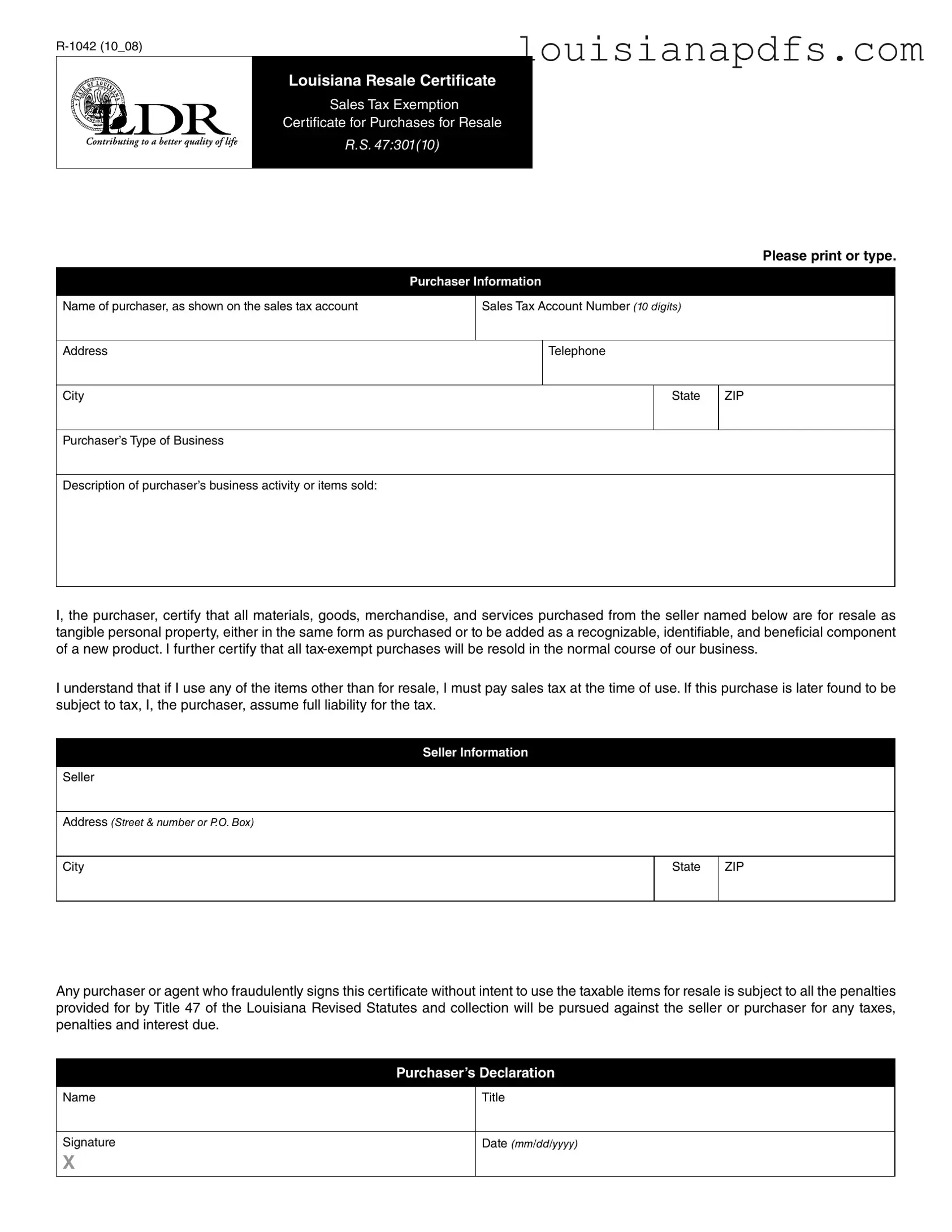 Fillable R 1042 Louisiana Certificate Template