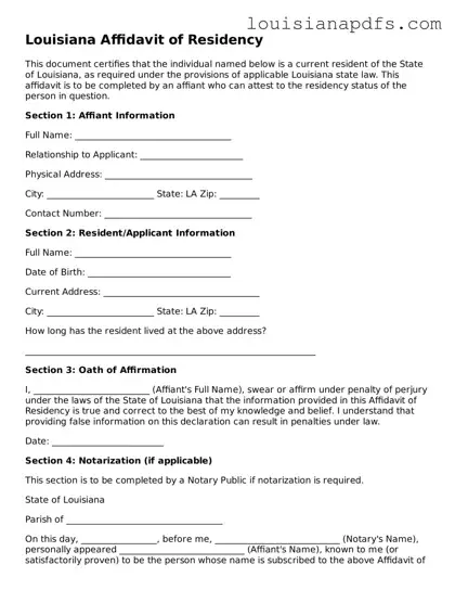 Fillable Affidavit of Residency Form for Louisiana State