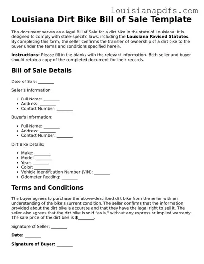 Fillable Dirt Bike Bill of Sale Form for Louisiana State