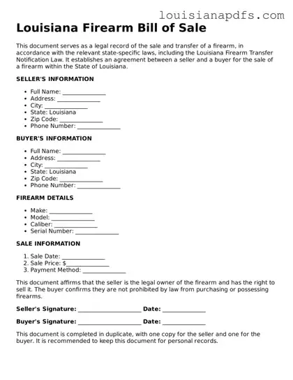 Fillable Firearm Bill of Sale Form for Louisiana State