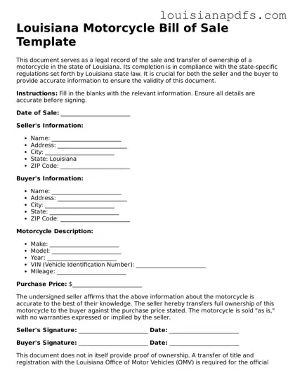Fillable Motorcycle Bill of Sale Form for Louisiana State