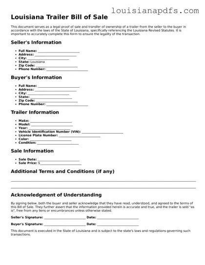 Fillable Trailer Bill of Sale Form for Louisiana State