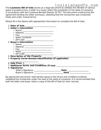 Fillable Bill of Sale Form for Louisiana State