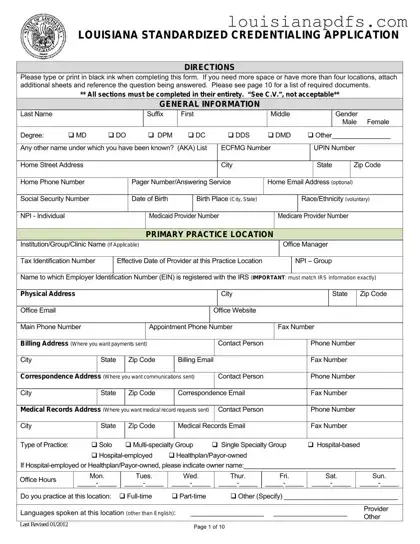 Fillable Louisiana Credentialing Application Template