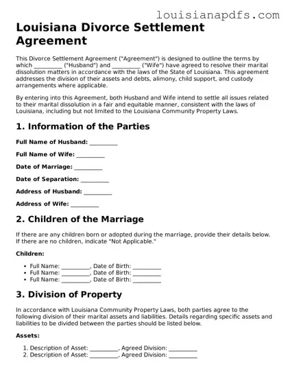 Fillable Divorce Settlement Agreement Form for Louisiana State