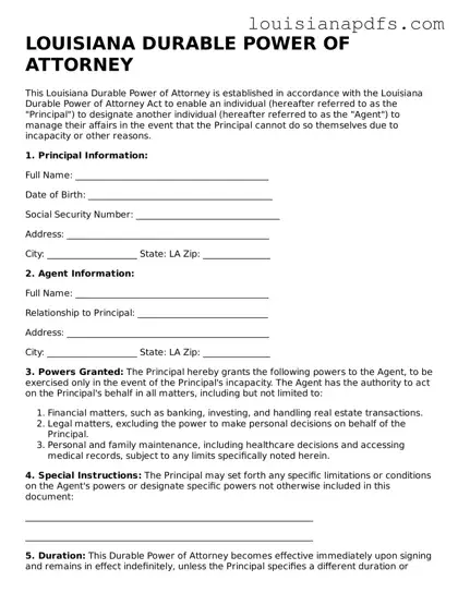 Fillable Durable Power of Attorney Form for Louisiana State