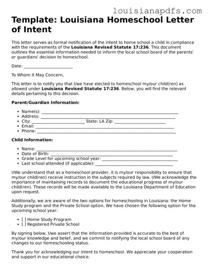 Fillable Homeschool Letter of Intent Form for Louisiana State