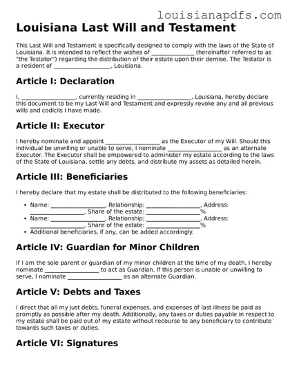 Fillable Last Will and Testament Form for Louisiana State