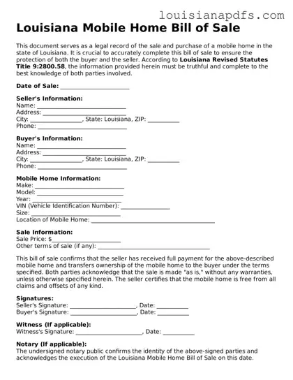 Fillable Mobile Home Bill of Sale Form for Louisiana State