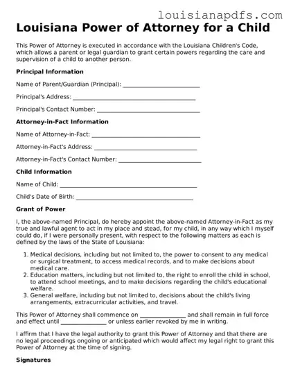 Fillable Power of Attorney for a Child Form for Louisiana State
