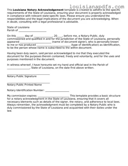 Fillable Notary Acknowledgement Form for Louisiana State