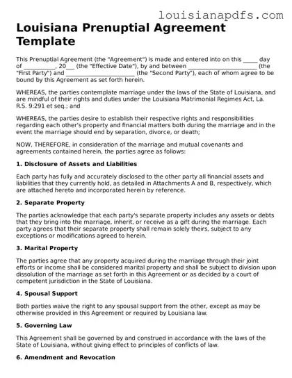 Fillable Prenuptial Agreement Form for Louisiana State