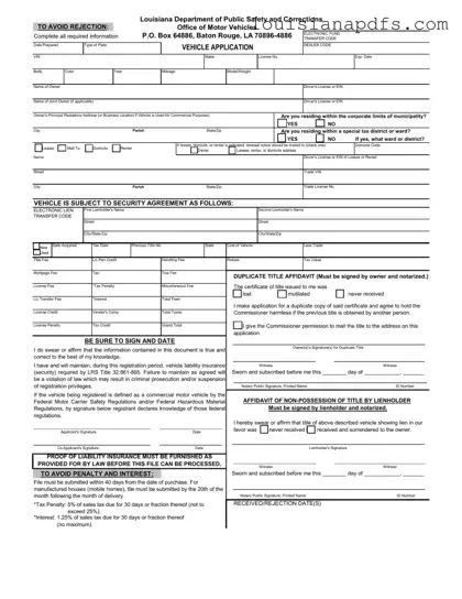 Fillable Louisiana Vehicle Application Template