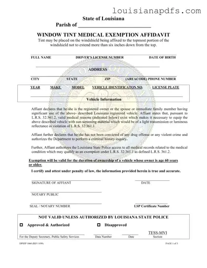 Fillable Louisiana Window Tint Exemption Sticker Template
