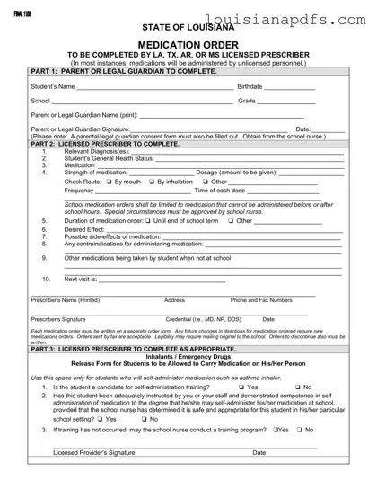 Fillable State Of Louisiana Medication Order Template