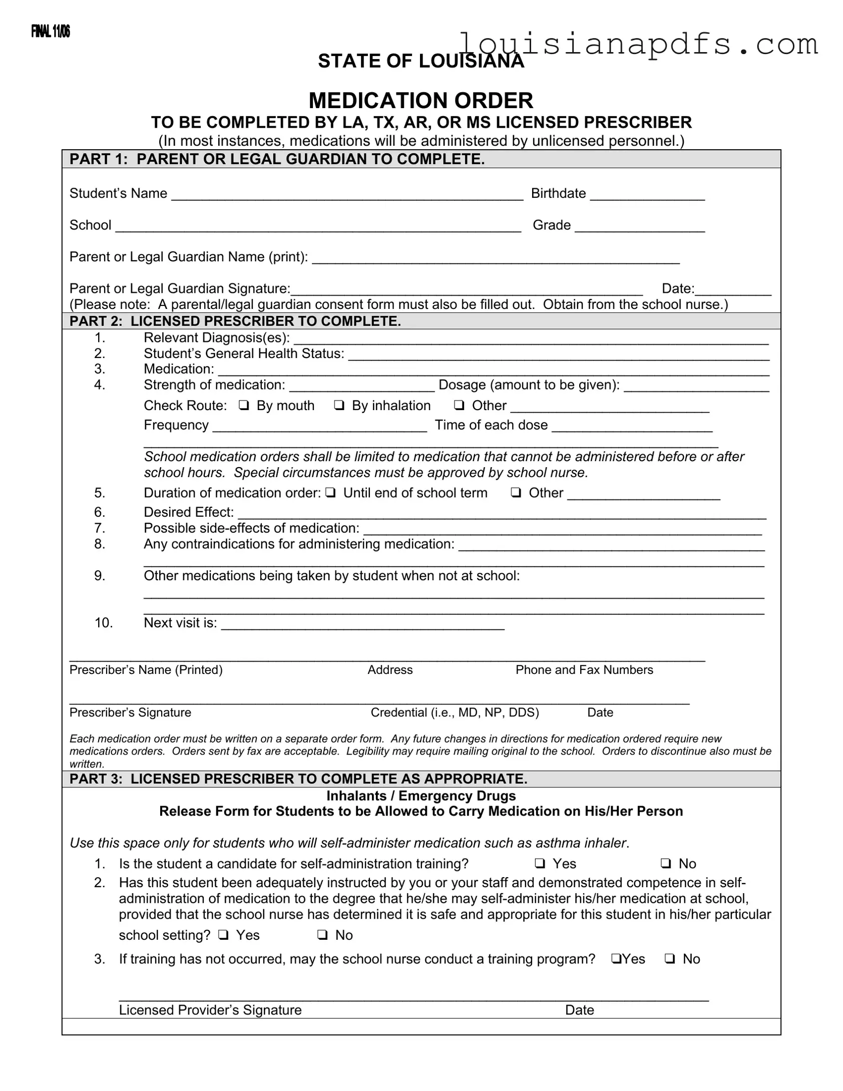 Fillable State Of Louisiana Medication Order Template