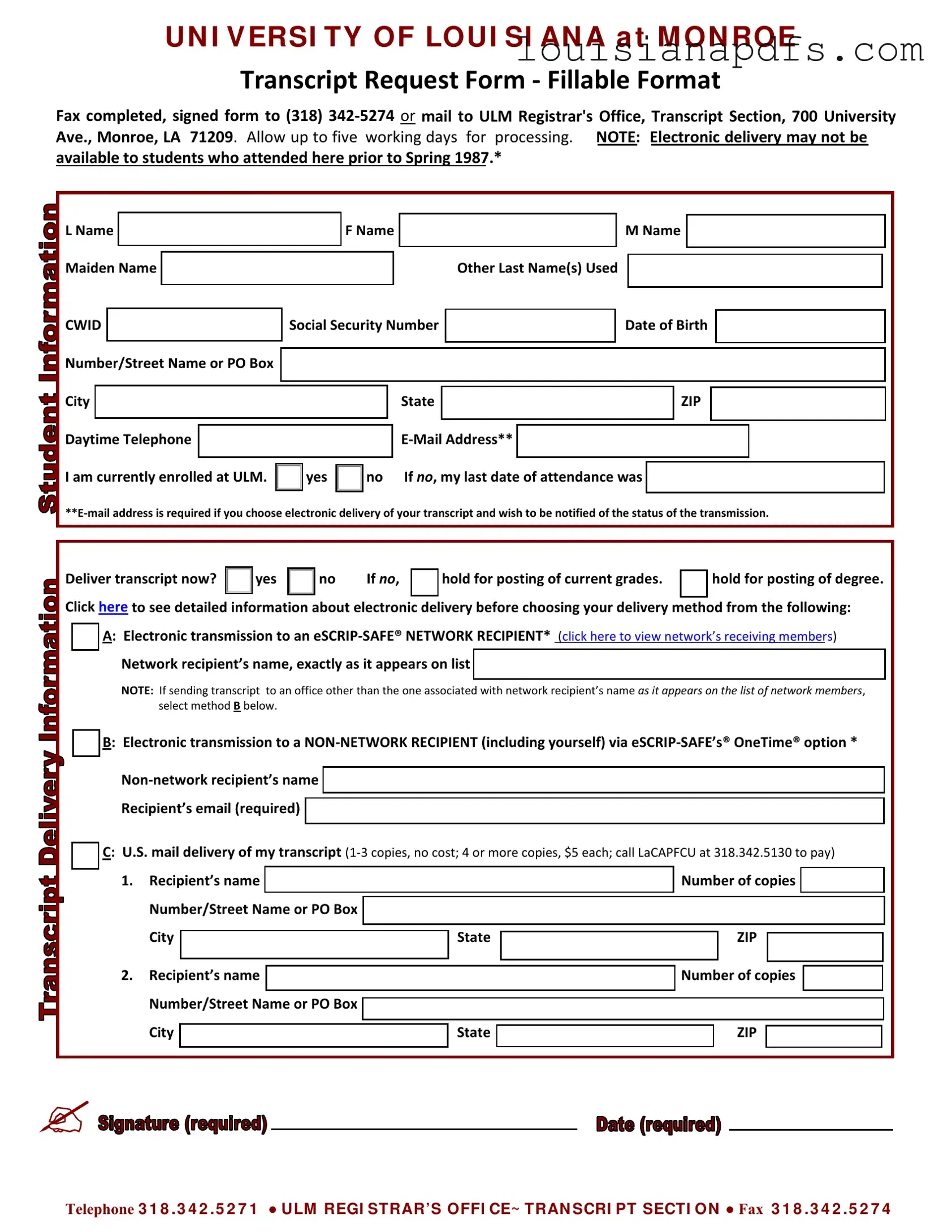 Fillable University Louisiana Transcript Template
